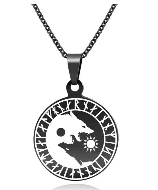 Wolf Head Sun Moon Necklace Titanium Steel Viking  Pendant